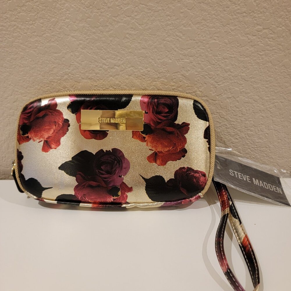 NWT Steve Madden Gold Floral Zip Wristlet Wallet • Rose Print